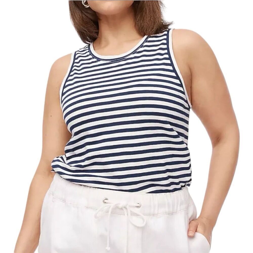 J Crew T Shirt Women’s 2X White Antique Blue Striped‎ Cotton Girlfriend Tank Top
